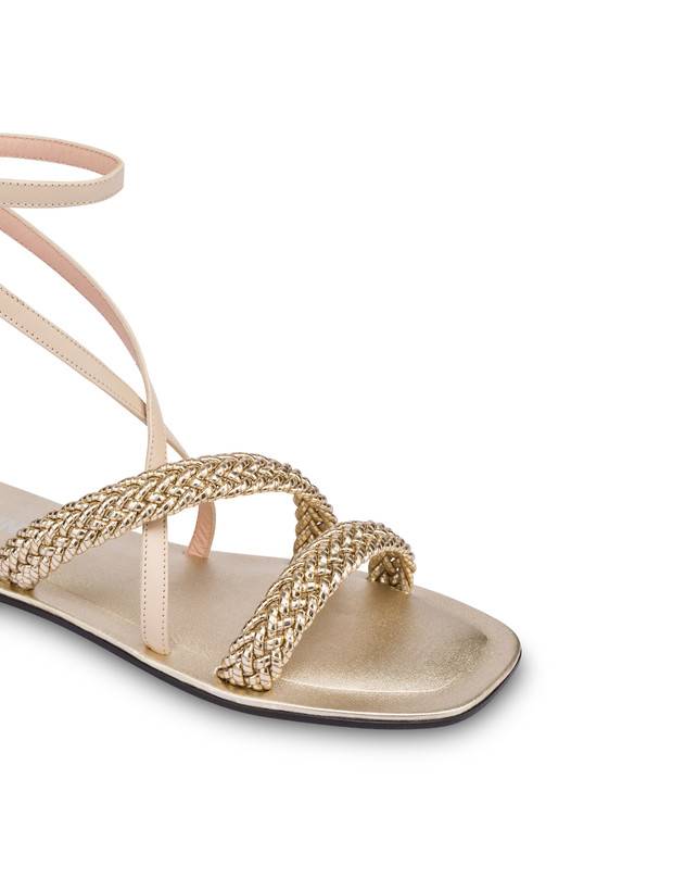 Pollini Sandali Flat In Vitello E Specchio Laminato Italian Savoir Faire Platino/sabbia Novità