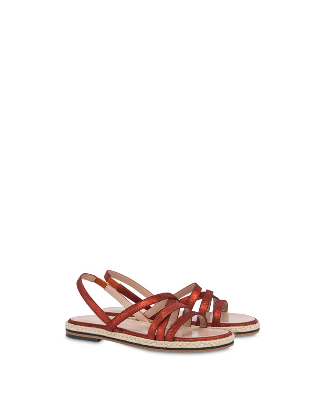 Pollini Sandali Flat In Crosta Laminata Playa Cannella Sconto