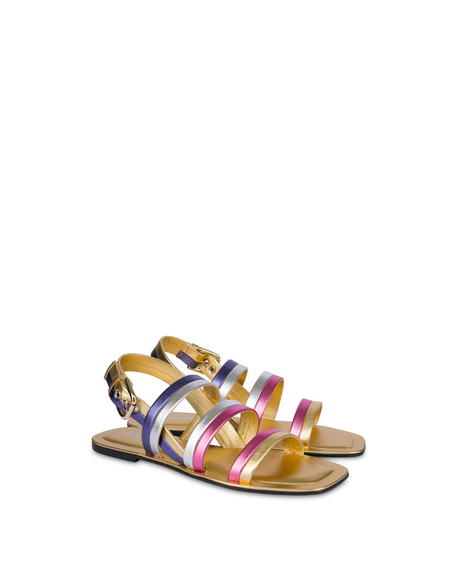Pollini Sandali Flat In Nappa Laminata Rainbow Oro/peonia/argento/iris Saldi
