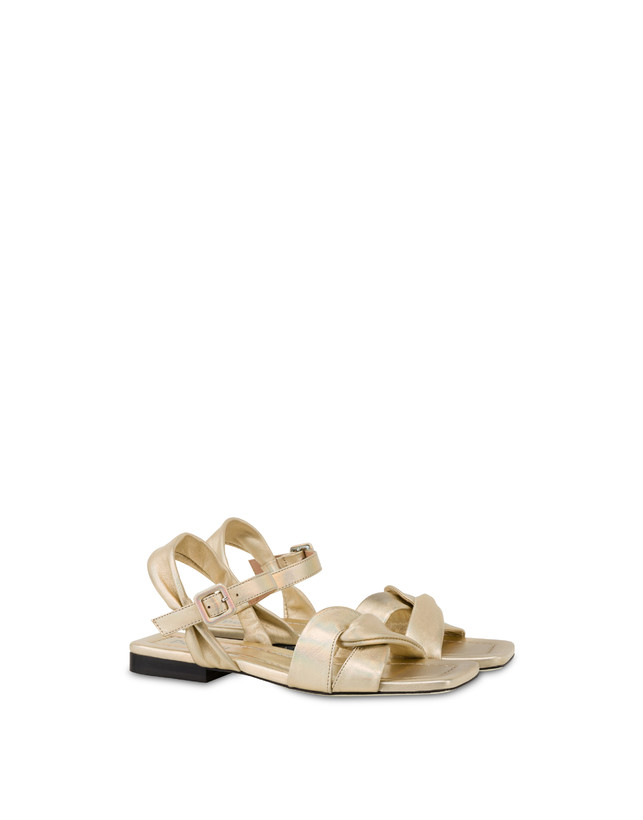 Pollini Sandali Flat In Nappa Laminata Oasis Sabbia Saldi Di Fabbrica