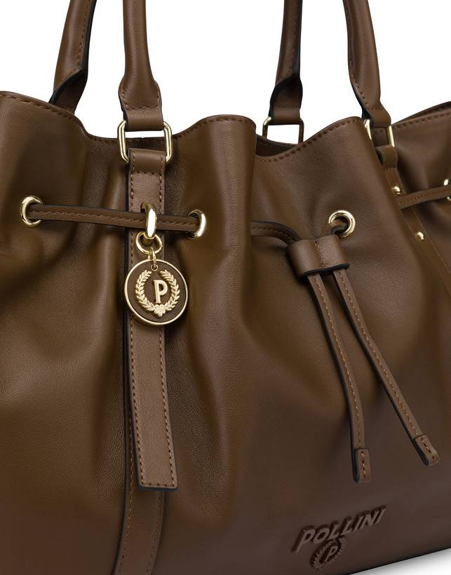 Pollini Borsa Doppio Manico In Nappa Serena Marrone/marrone Vendita Calda
