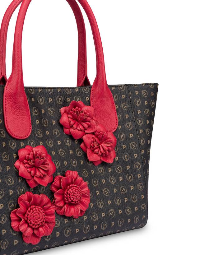 Pollini Tote Bag Medium Heritage Flowers Nero/rosso In Linea