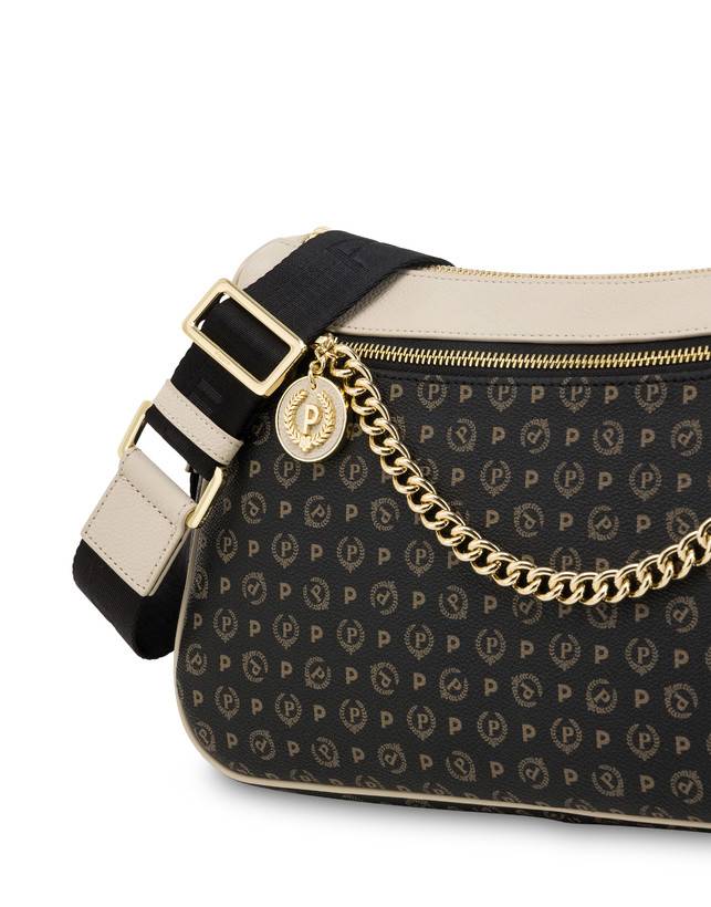 Pollini Borsa A Tracolla In Pvc Heritage Logo Classic Nero/avorio Fino Al -60%