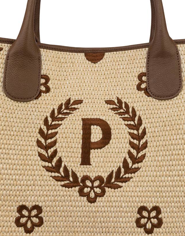 Pollini Tote Bag In Paglia Macro Heritage Big Naturale/t.moro/marrone Outlet