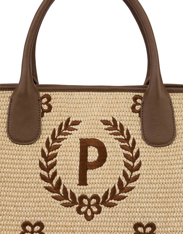 Pollini Tote Bag In Paglia Macro Heritage Medium Naturale/t.moro/marrone In Vendita