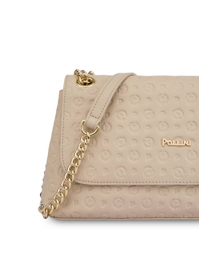 Pollini Borsa A Spalla Heritage Logo Embossed Avorio Prezzo Ridotto