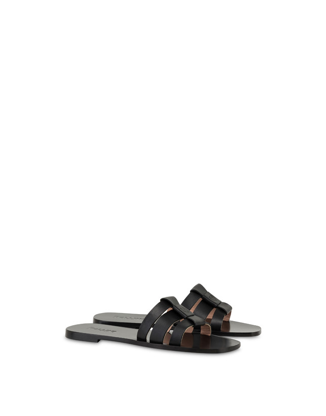 Pollini Sandali Flat In Vacchetta Sahara Nero Italy