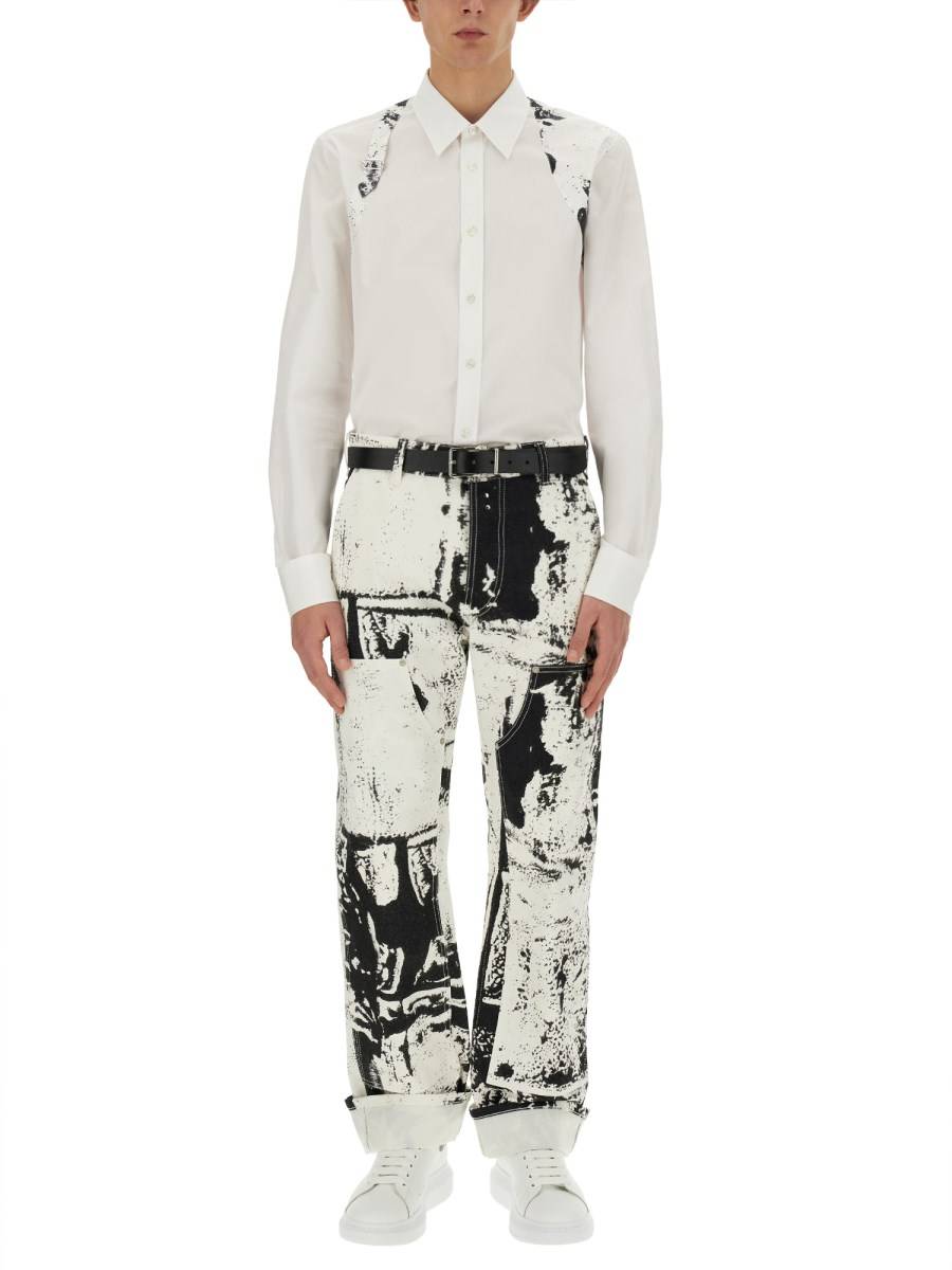 ALEXANDER McQUEEN JEANS WORKWEAR IN DENIM DI COTONE CON STAMPA FOLD Consegna Veloce